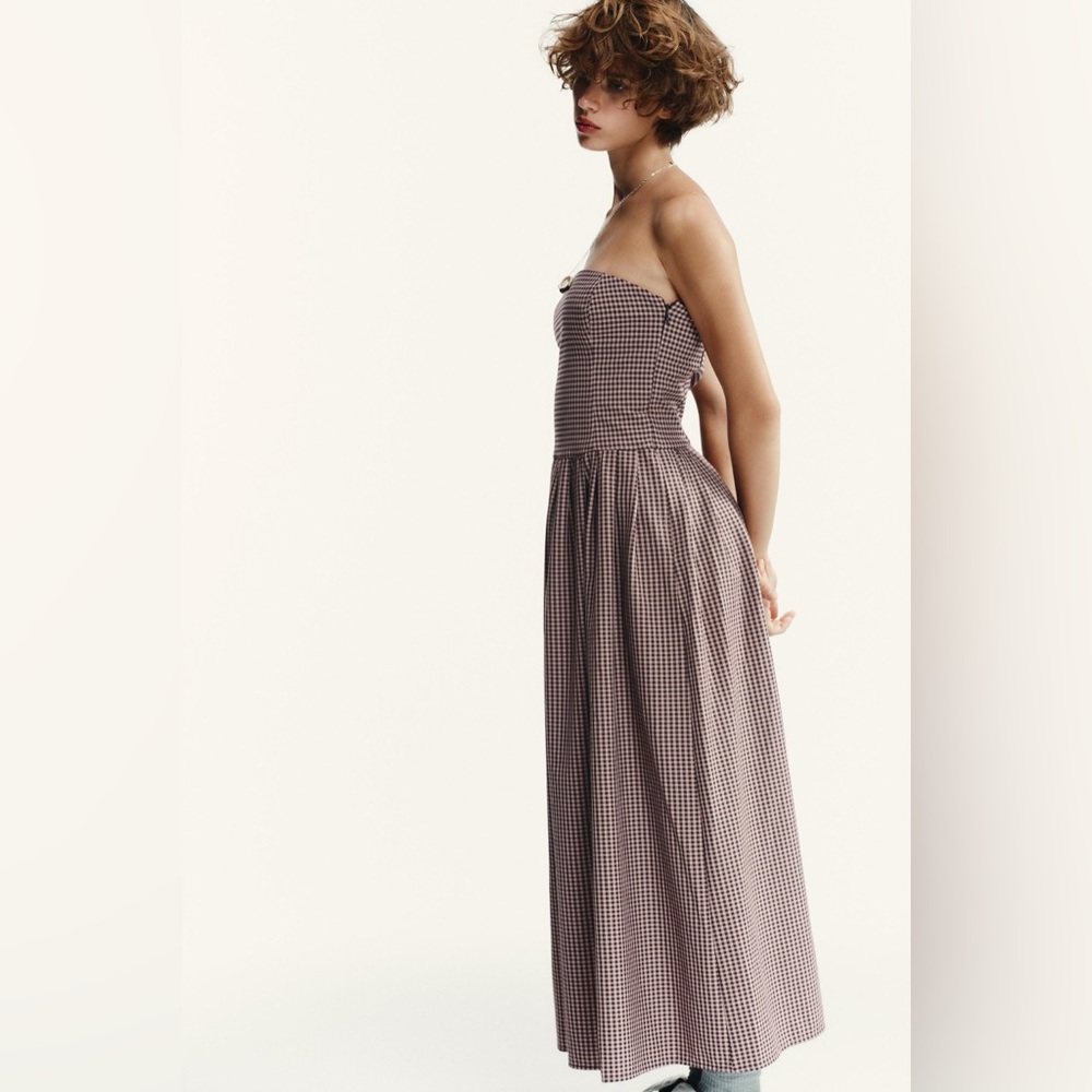 Zara Strapless Checkered Dress - Brown